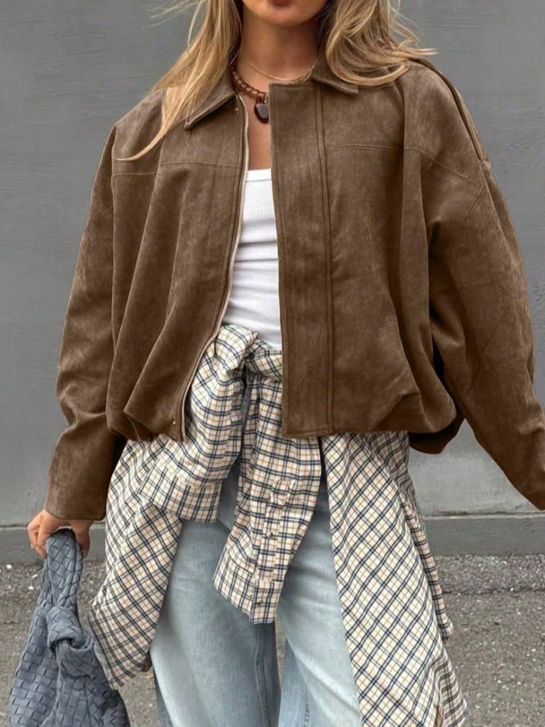 Earth Brown Casual Women's Zipper Pocket Loose Fit Bomber Jacket